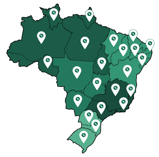 Mapa do Brasil com regiões atendidas pela Geoteste